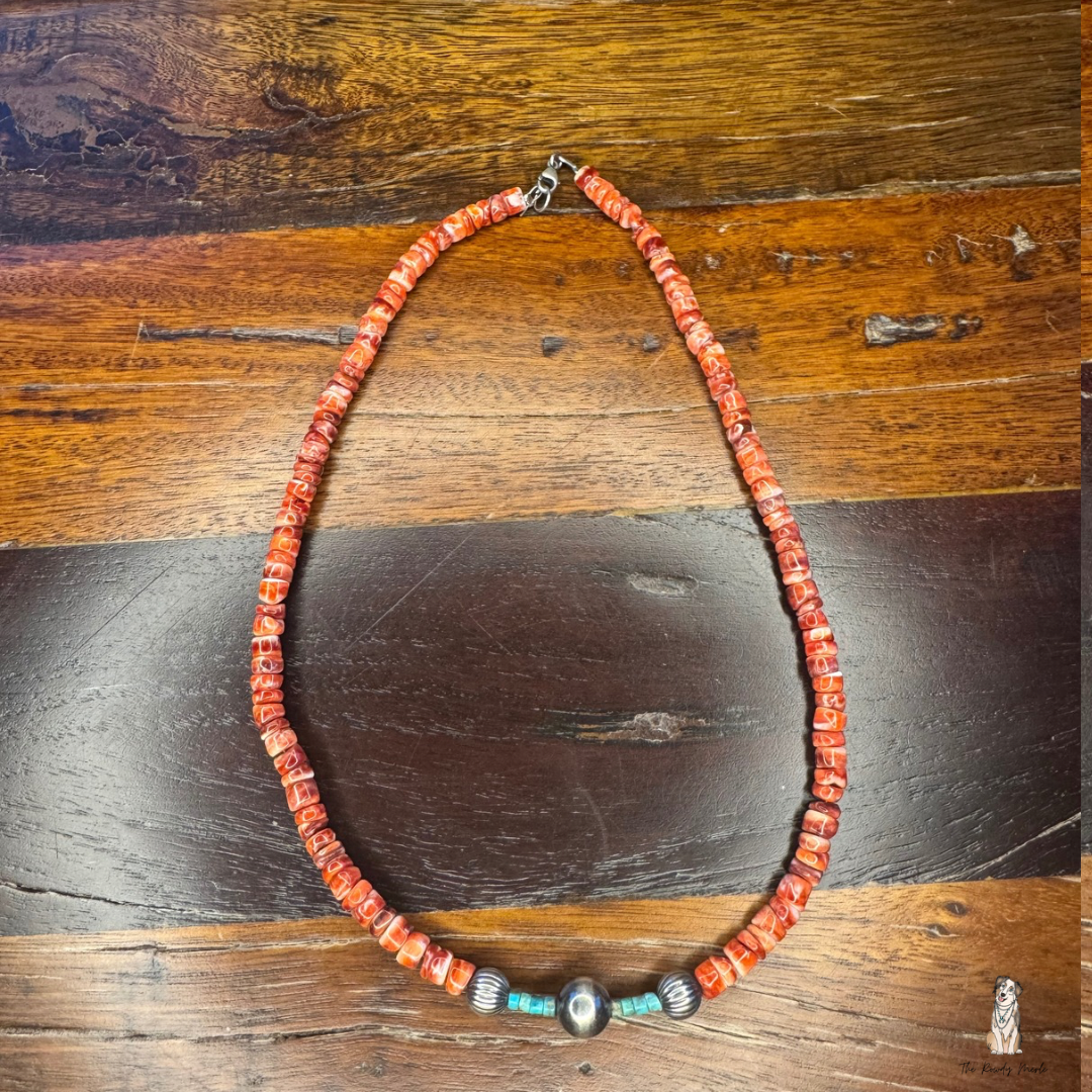Red Spiny, Turquoise and Pearl Necklace