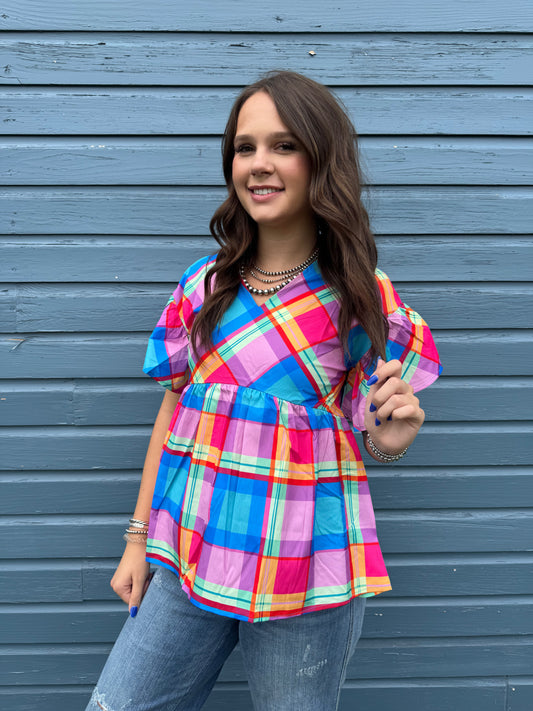 Bight Plaid V Neck Top