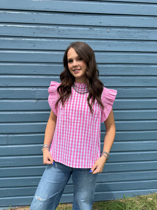 Pink Plaid Ruffle Sleeve Top