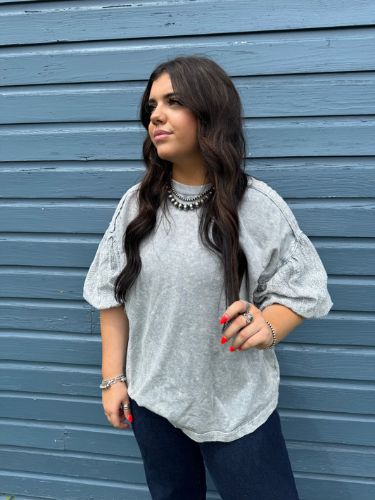 Mineral Washed  Puff Sleeved Blouse