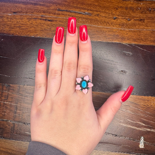Pink Conch & Turquoise Heart Cluster Ring