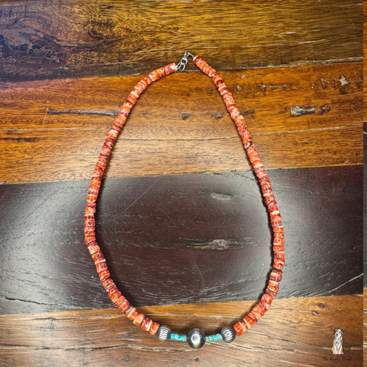 Red Spiny, Turquoise and Pearl Necklace